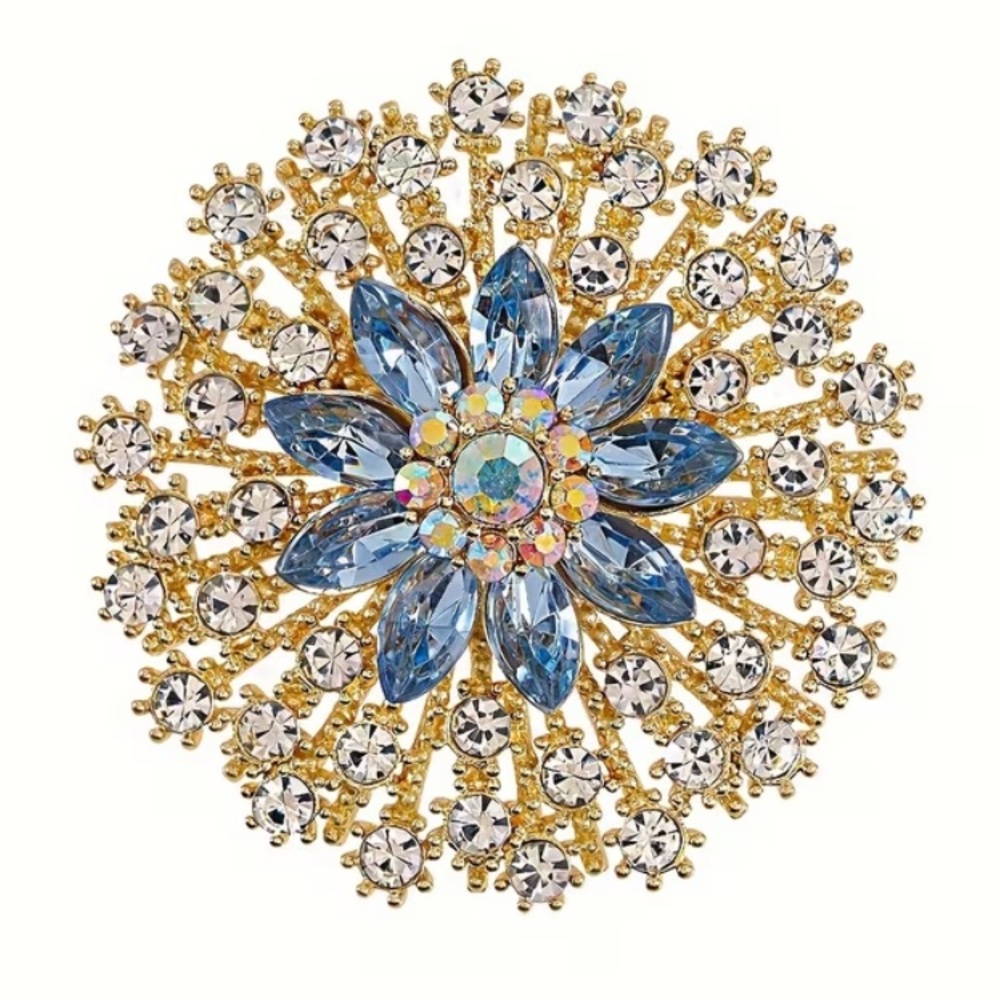 Gold-tone Blue Crystal Rhinestones Floral Statement Brooch Women’s Jewelry NWT
